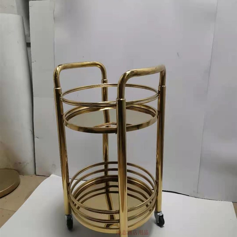 圆形酒水车金色送餐车移动小推车酒吧茶水车手推车小吃欧式甜品车