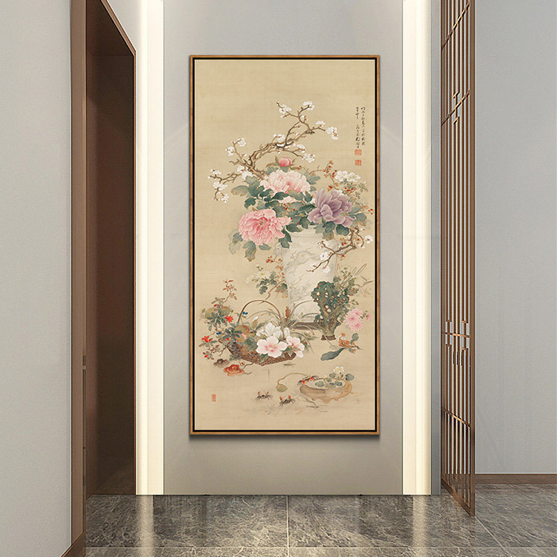 牡丹花装饰画玄关竖版挂画新中式客厅走廊过道尽头壁画花开富贵