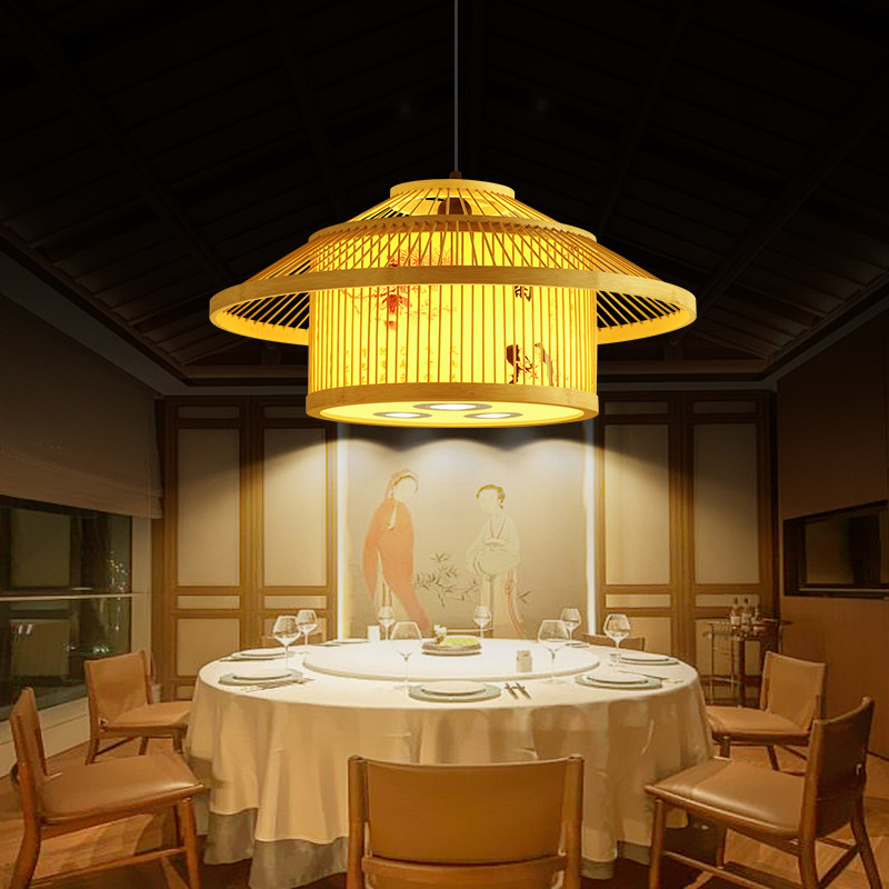 饭店竹编吊灯餐厅包房包厢装饰灯新中式竹艺灯笼火锅店带射灯灯具