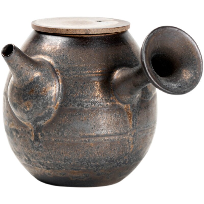 古铜釉粗陶侧把壶复古鎏金铁锈釉日式手工茶壶功夫茶具泡茶单壶