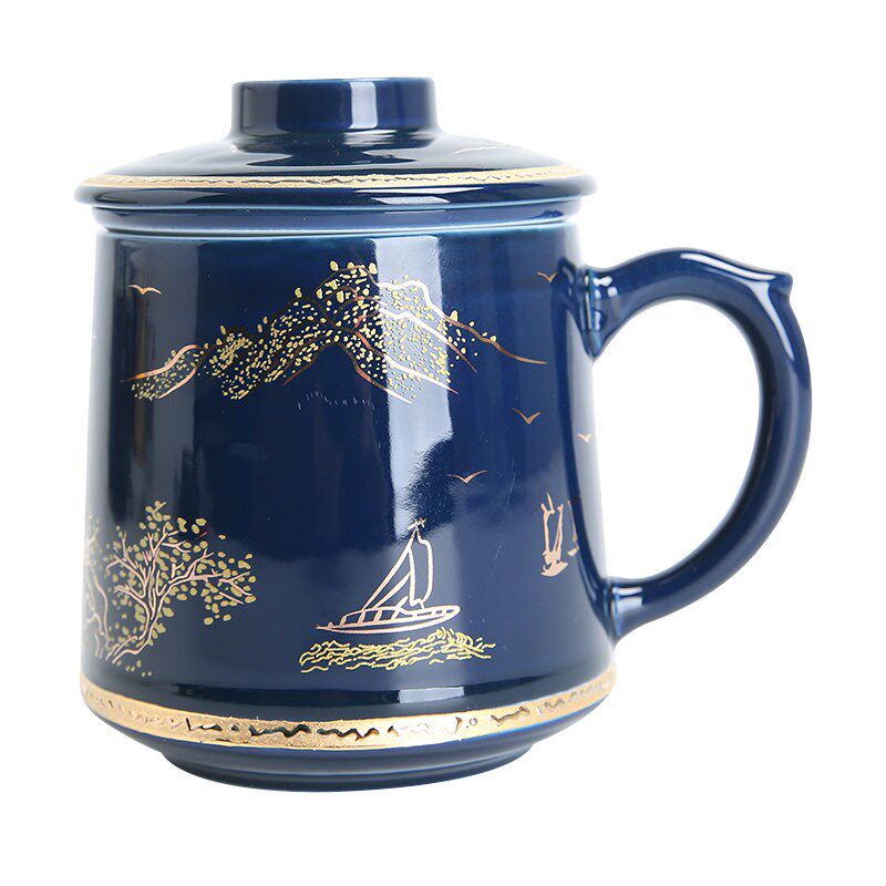 吉祥缘青花瓷办公杯茶具带过滤陶瓷杯带盖大容量单杯子带把老板杯