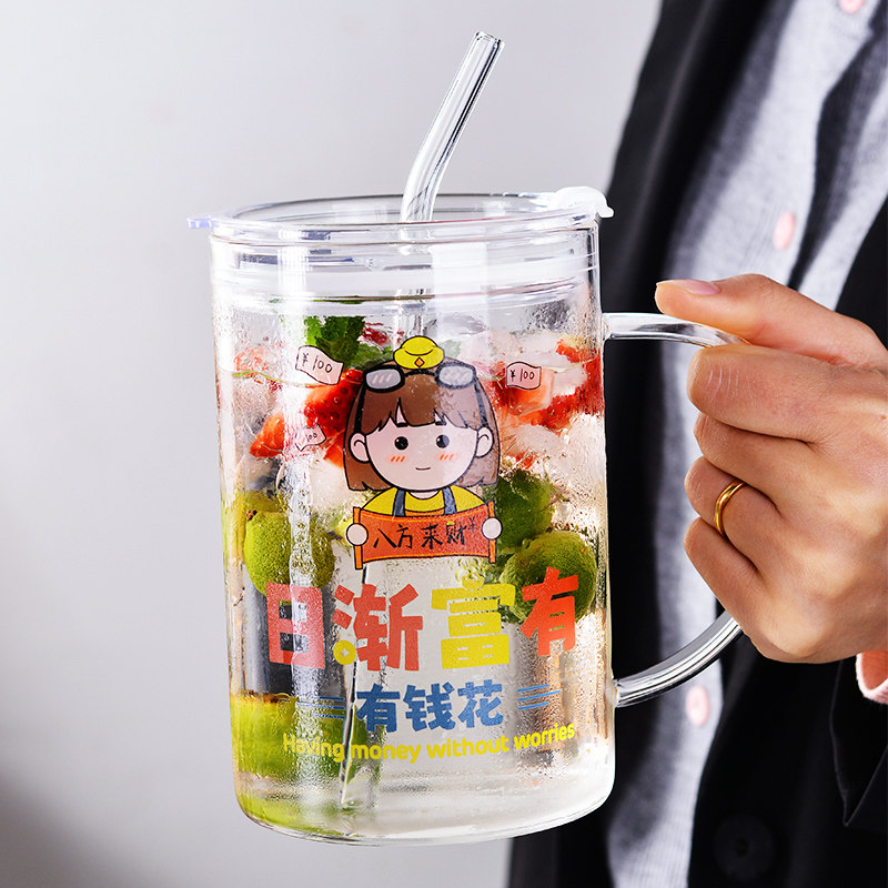 大容量玻璃杯办公室耐高温水杯女2026新款吸管高硼硅杯子带盖把手图片