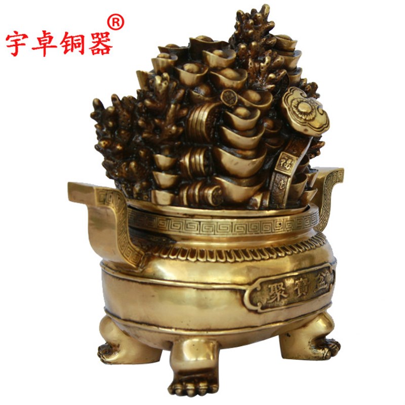 宇卓铜器 纯铜元宝珊瑚聚宝盆双耳聚宝盆工艺品摆件黄铜聚宝盆