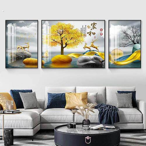 新中式客厅装饰画高档大气沙发背景墙现代简约挂画三联山水画壁画