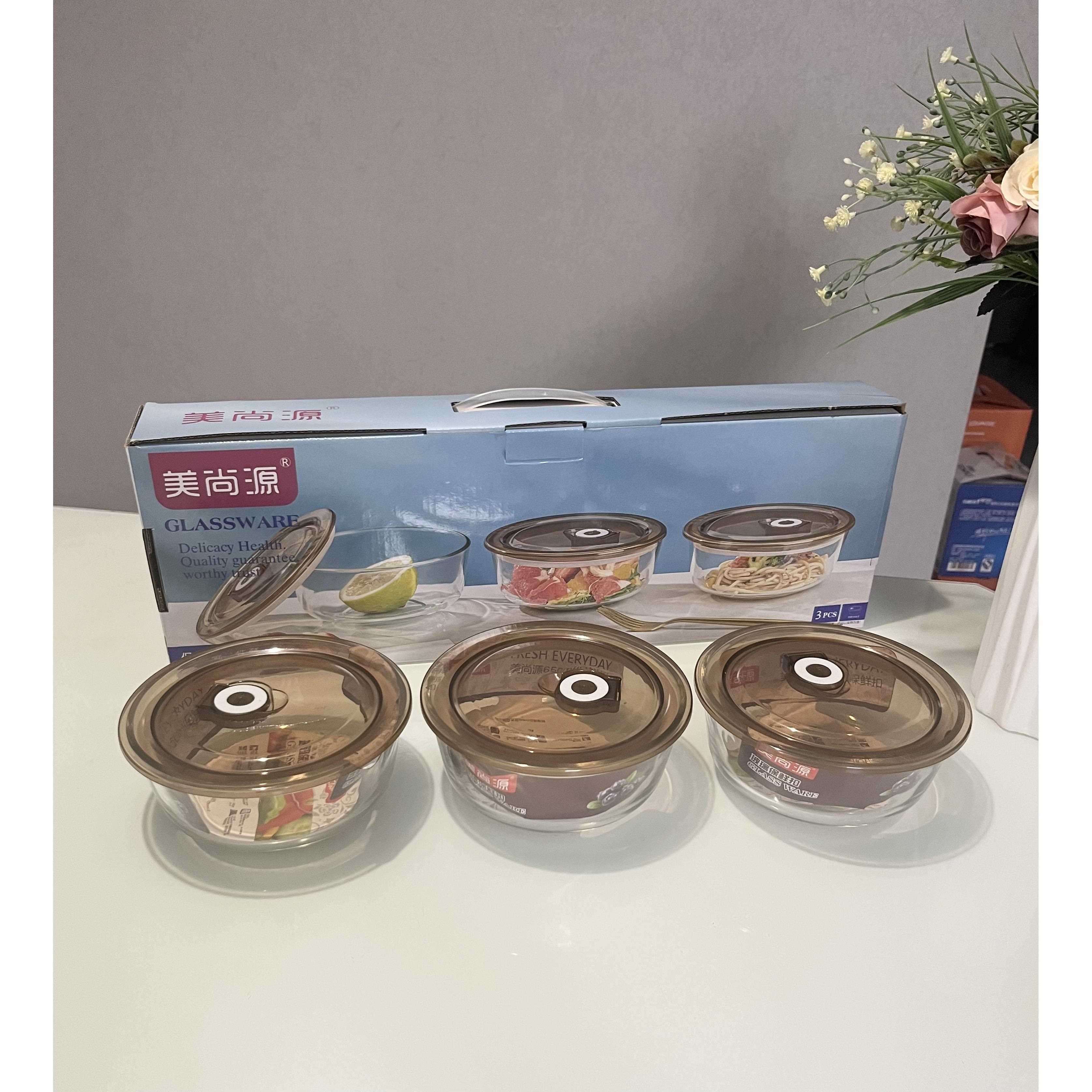 玻璃碗套装密封便当盒冰箱保鲜沙拉碗带盖三件套开业礼品赠送引流图片