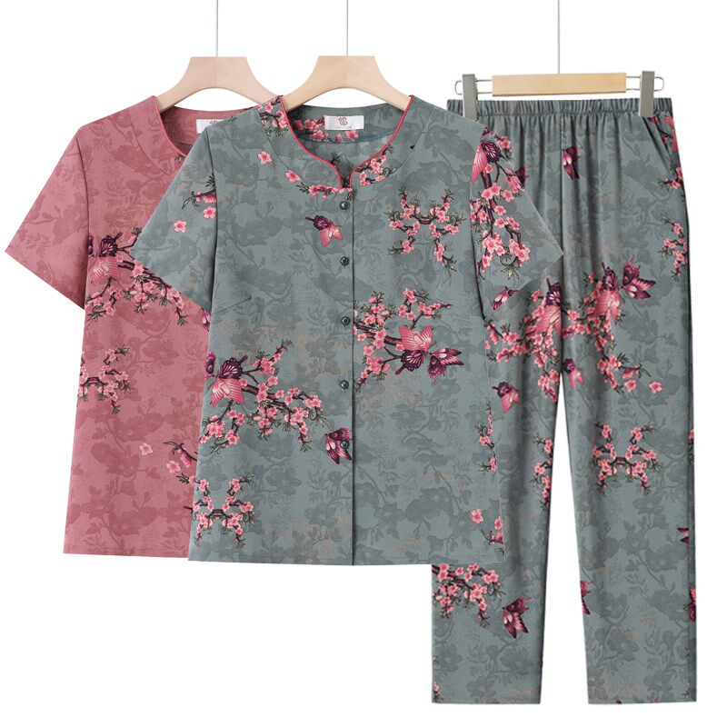 中老年人短袖衬衫女奶奶夏装洋气套装妈妈夏季两件套宽松太太衣服
