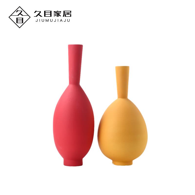 北欧简约家居餐桌电视柜艺术插花装饰品红色黄色细口陶瓷花瓶摆件