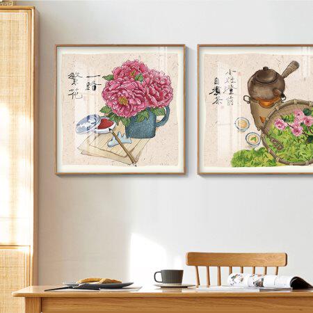 富贵牡丹花卉餐厅装饰画茶室茶道工作室墙壁画新中式禅意煮茶挂画
