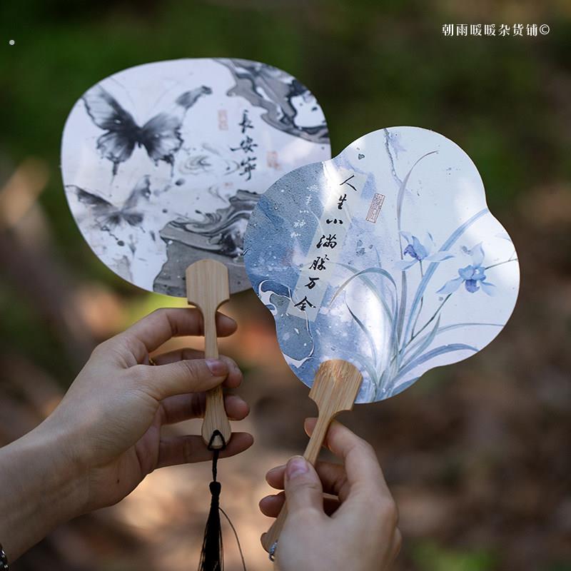 朝雨 古风团扇漆扇成品中国风书法文字汉服古装拍照道具便携扇子