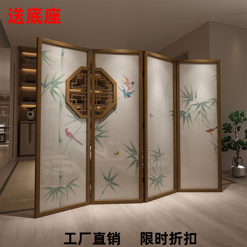 新中式实木花窗镂空格隔断墙移动折叠屏风办公室茶室客厅竹子花鸟