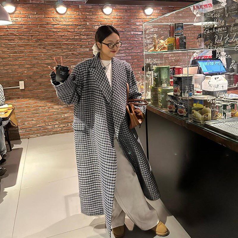 蒋哇塞 伦敦艺术生 格子西装长款厚外套时髦廓形毛呢大衣女冬新款