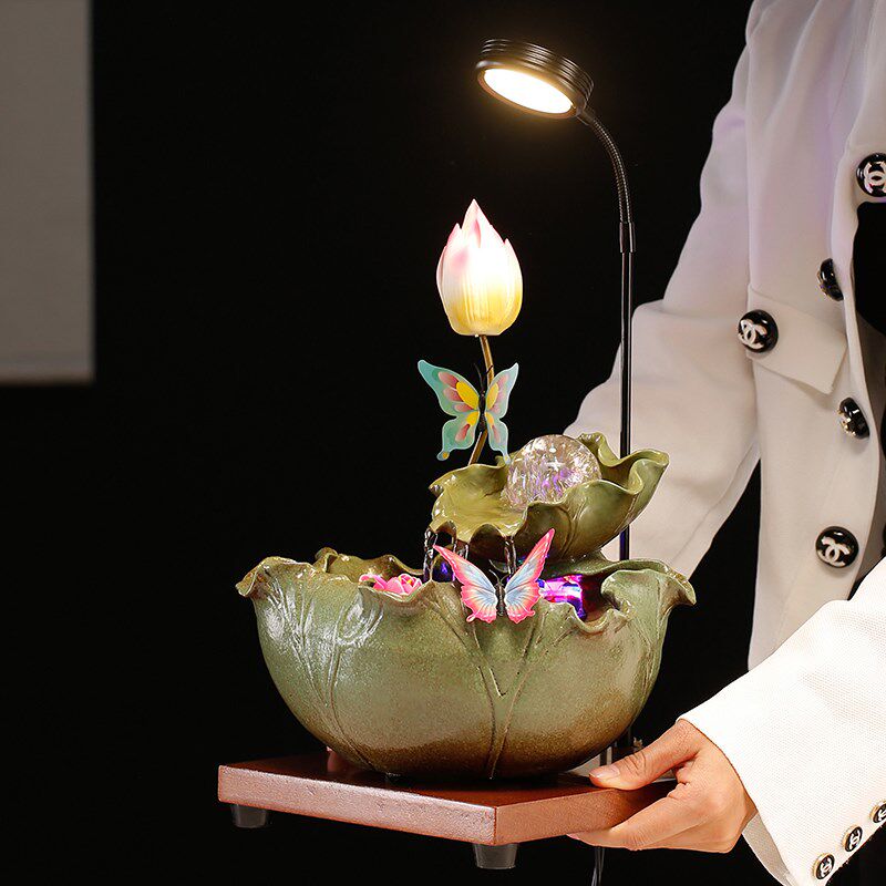 创意荷花桌面陶瓷循环流水喷泉招财摆件办公室玄关家居装饰品礼品