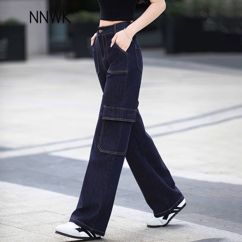 深蓝色工装牛仔裤女2025年春秋新款时尚直筒裤高腰长裤窄版阔腿裤