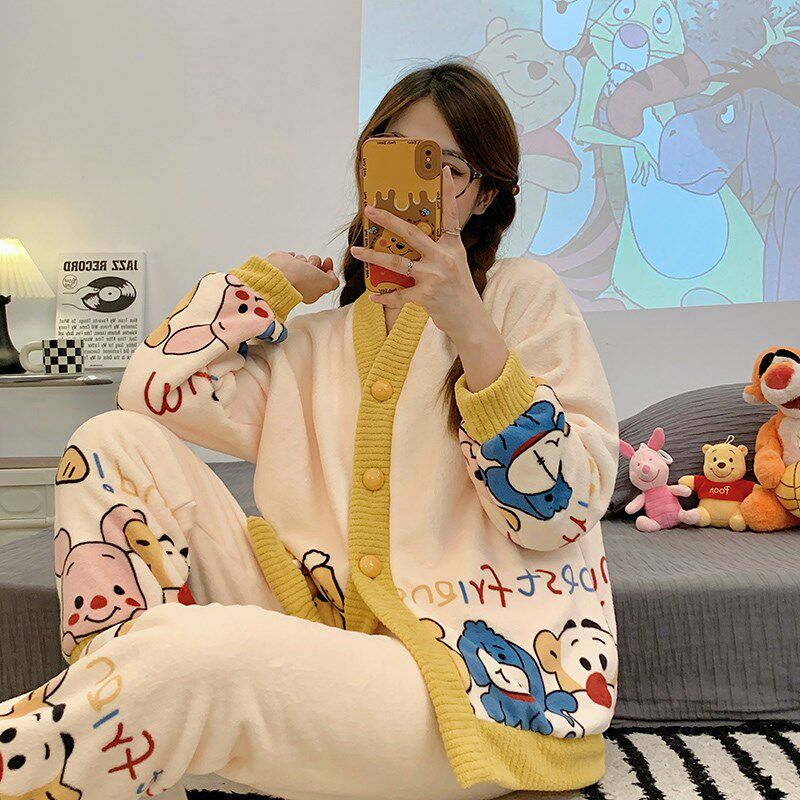 珊瑚绒大码睡衣女200斤胖mm秋冬季加厚保暖法兰绒可爱家居服套装