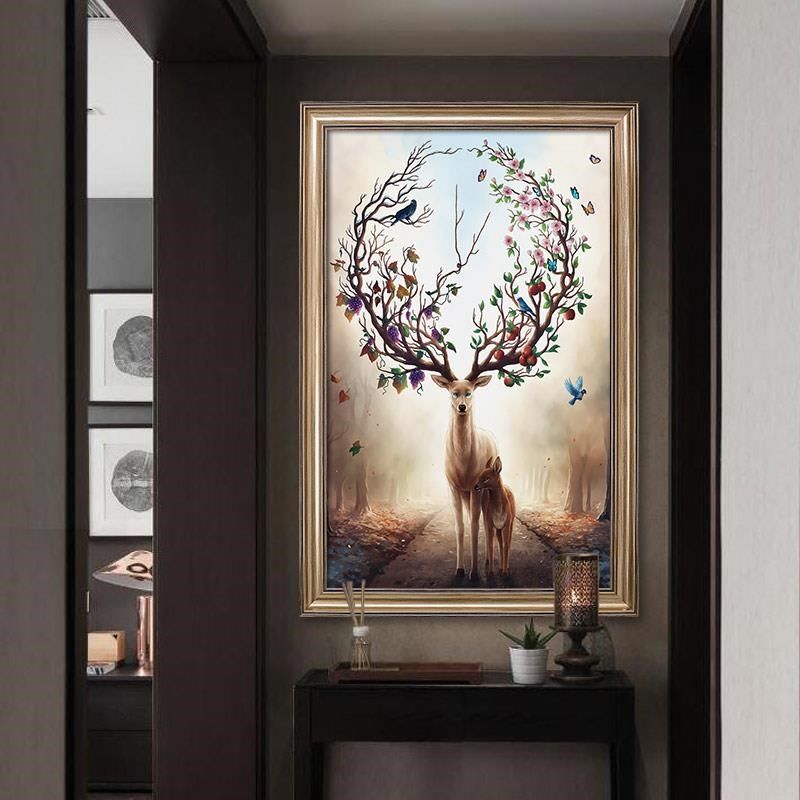 网红玄关装饰画欧式风格鹿小尺寸式竖麋版走廊挂画过道壁画美客厅