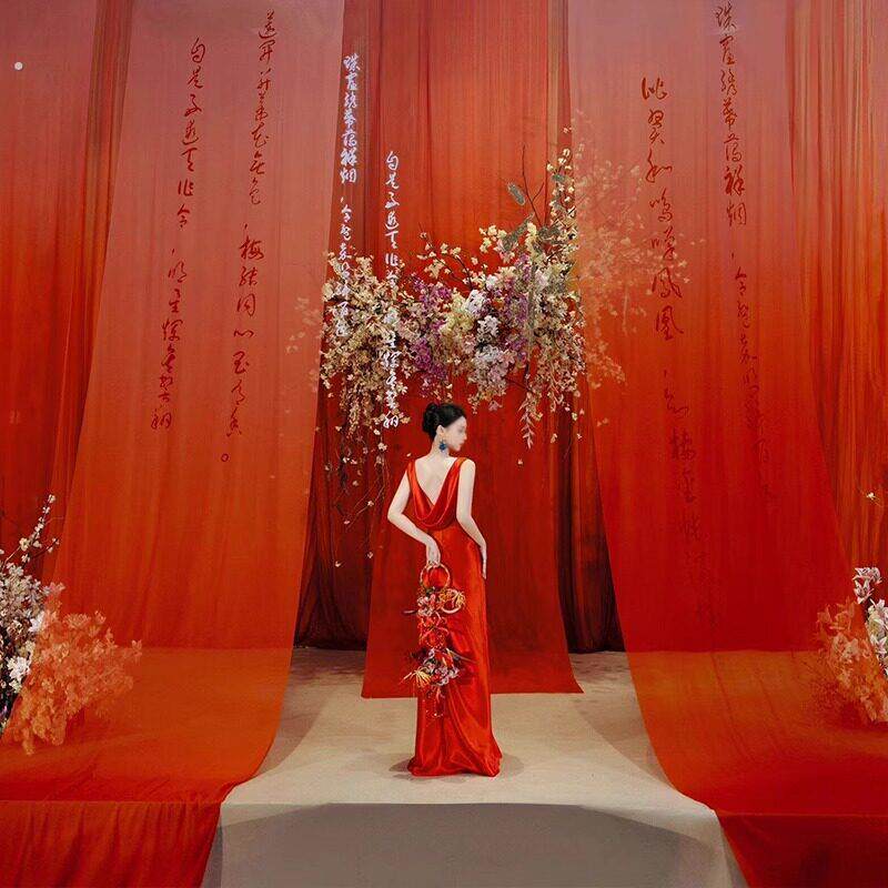 新中式红色渐变婚礼书法纱幔挂布背景布定制国风婚庆条幅装饰吊幔