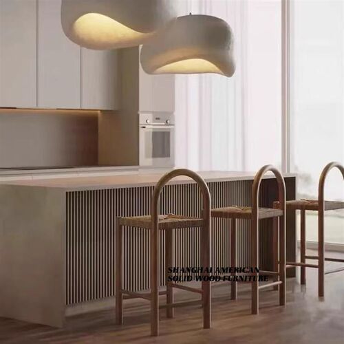中古风设计师藤编实木吧台椅简约岛台餐椅家用高脚凳诧寂风藤椅子