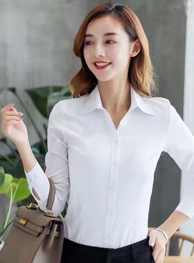 V领黑色衬衫女长袖2024秋季修身职业正装气质工作服工装白衬衣女