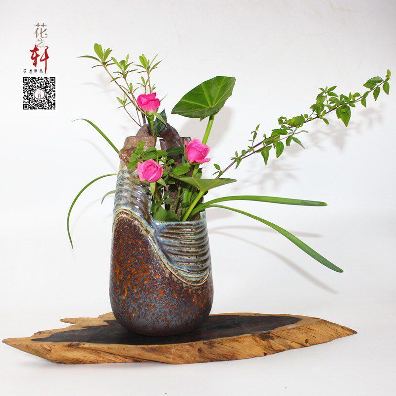 创意水桶复古陶瓷花瓶 茶室粗陶花器 茶席禅意插花 古典软装摆件