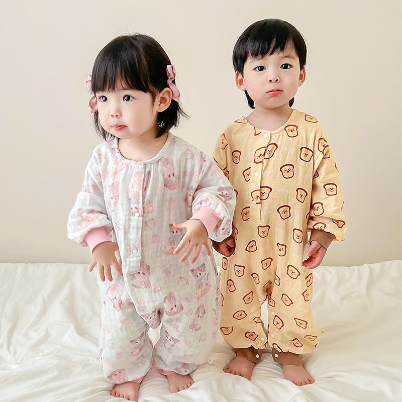 宝宝连体睡衣春夏男童双层纱布睡袋婴儿薄款护肚防踢儿童家居服女