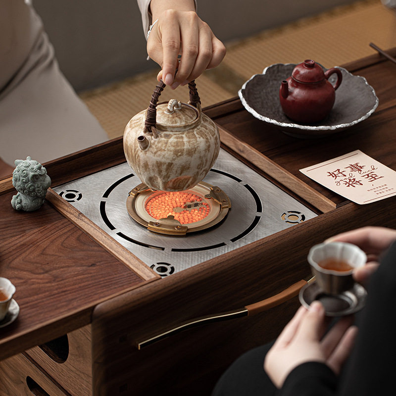清欢丨胡桃木围炉煮茶碳烤炉 卡式碳烤炉桌泡茶台 茶室收纳柜火钵