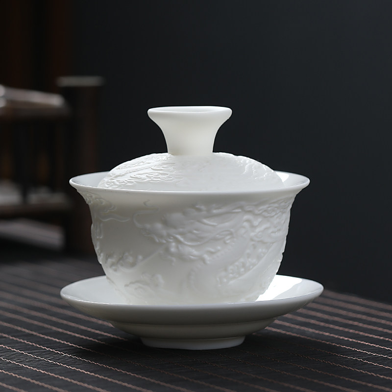 素烧白功夫茶具陶瓷手工浮雕龙整套简约泡茶器中国白家用三才茶碗