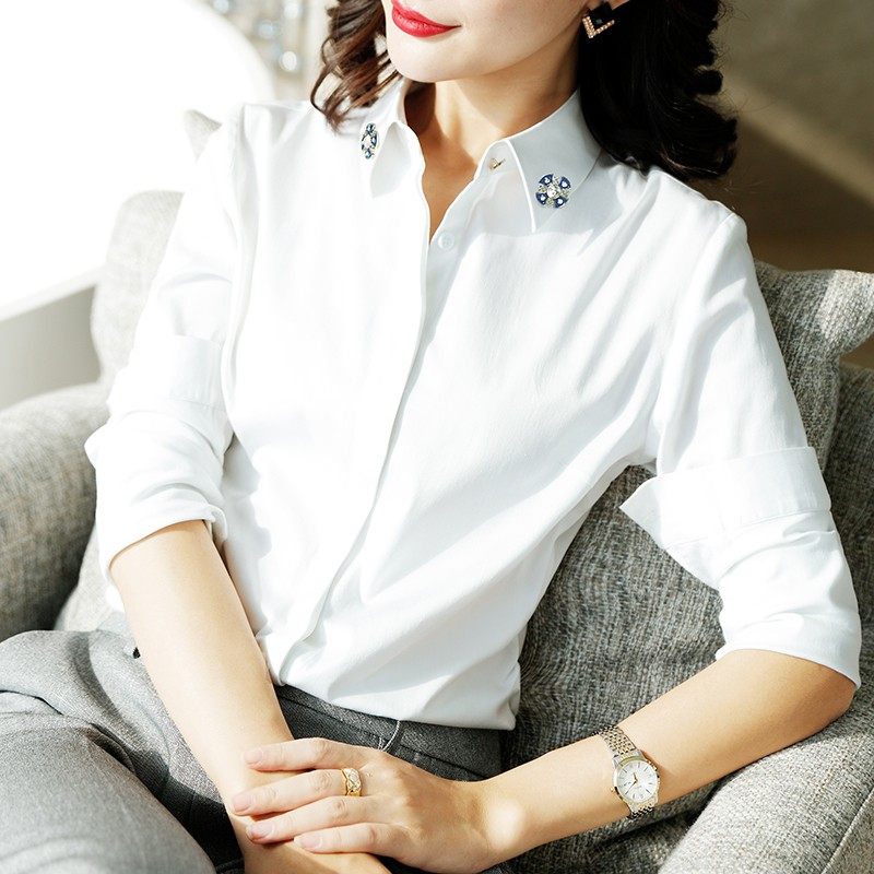 灰色衬衫女拆卸领花2021秋冬新款长袖工作服职业正装工装免烫衬衣