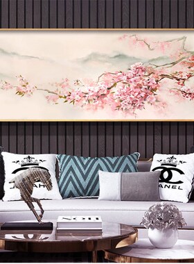 新中式桃花装饰画床头画客厅沙发背景墙可替换自粘防水油画布画心