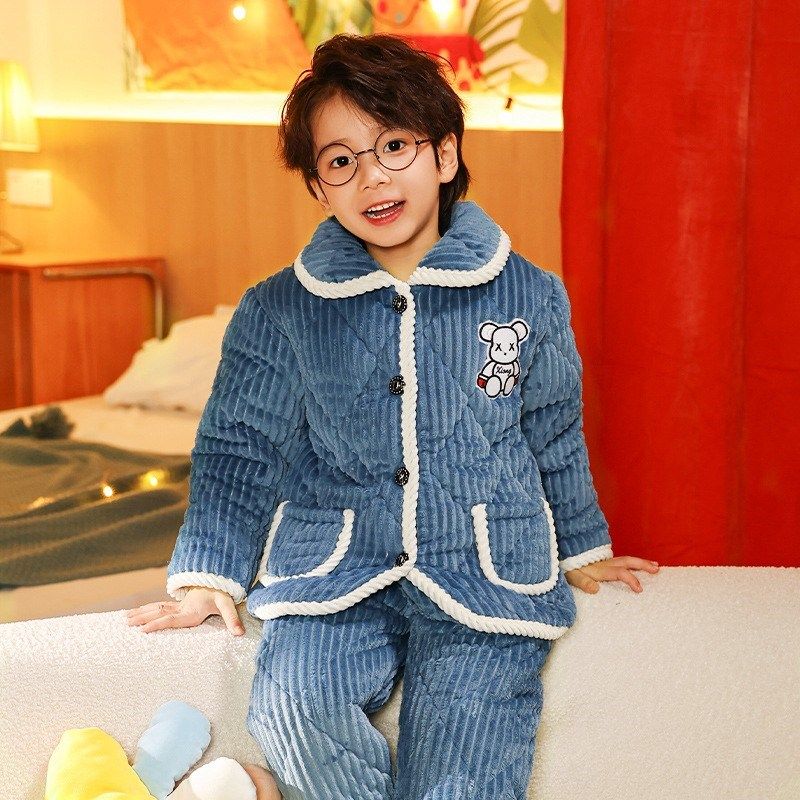 儿童睡衣男童冬季加厚款珊瑚绒夹棉女童小孩子法兰绒大童套装家居
