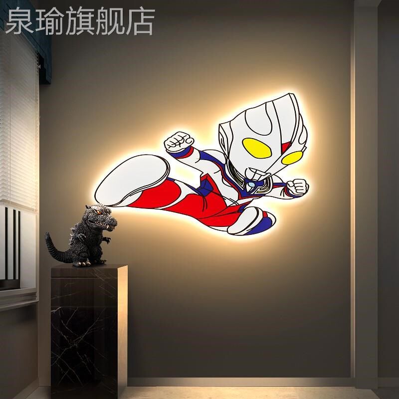 网红奥特儿卧室装饰房画男孩童间床头曼氛围壁灯画感卡通人物发光
