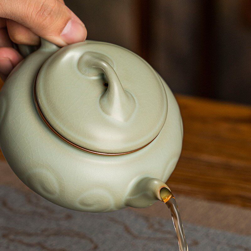 汝窑茶壶单壶手工扁壶复古景德镇陶瓷手工汝瓷功夫茶具家用大容量