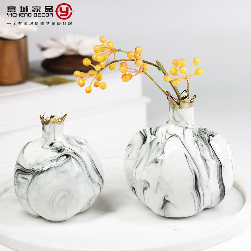 新中式样板房 大理石纹理石榴状陶瓷小花瓶 创意桌面禅意花器摆件