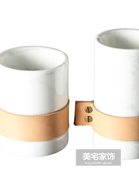 黑白色大理石笔筒烛台摆件 创意花器 欧式家居书房样板间软装饰品