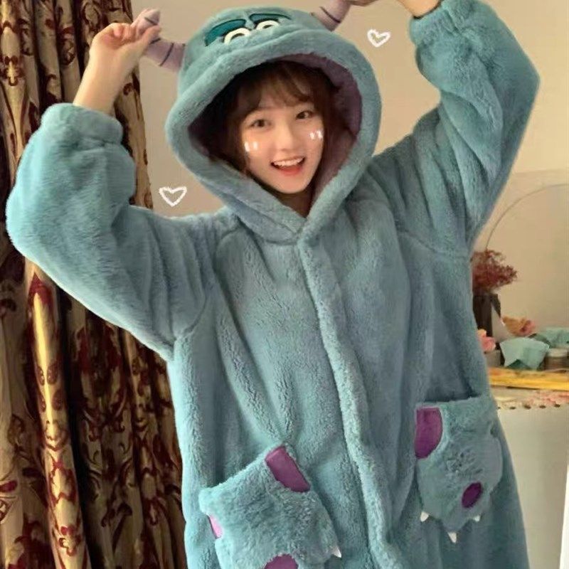 苏利文怪兽珊瑚绒睡袍女秋冬季加绒加厚家居服套装可爱卡通睡衣冬