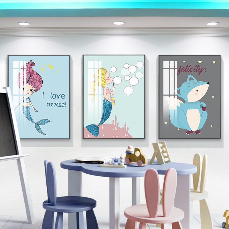 北欧轻奢儿童房装饰画客厅三联沙发背景墙挂画创意高级感卡通壁画