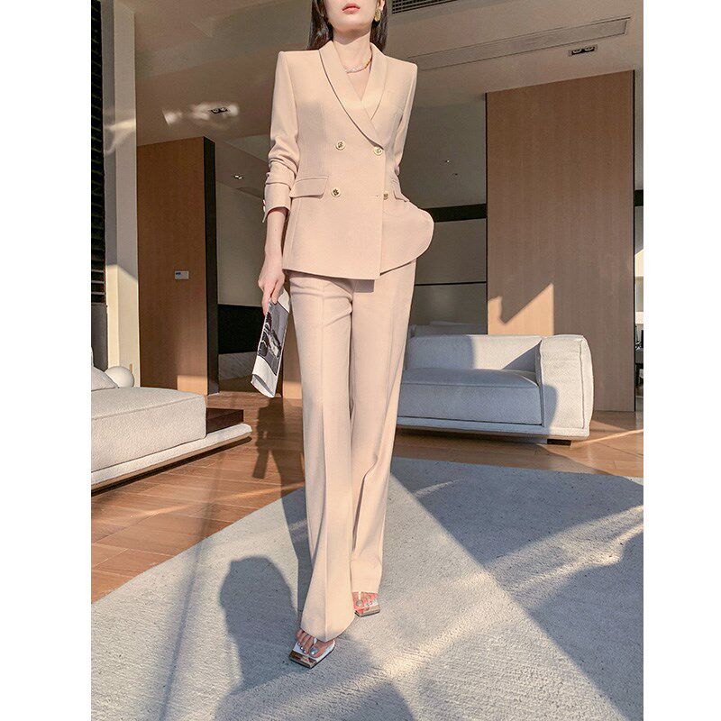 米色西装套装女高级感2024新款春秋阔腿裤职业正装休闲小西服外套