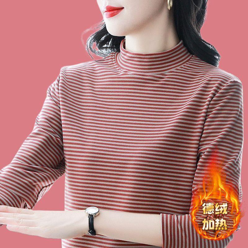 半高领条纹德绒打底衫女春秋冬2025新款内搭保暖加绒加厚德荣上衣