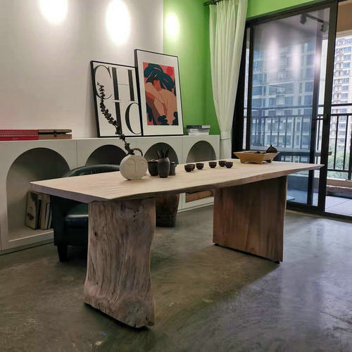 简约原木会议桌餐桌长方形服装店实木桌子新中式办公桌泡茶台桌椅