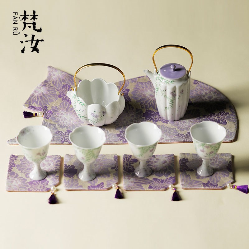 梵汝织锦缎紫色茶席手绘提梁壶整套茶具套装家用仙女茶具轻奢套组