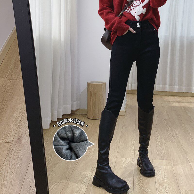 高腰显瘦加厚加绒小脚裤弹力修身牛仔裤女冬季紧身铅笔裤外穿裤子