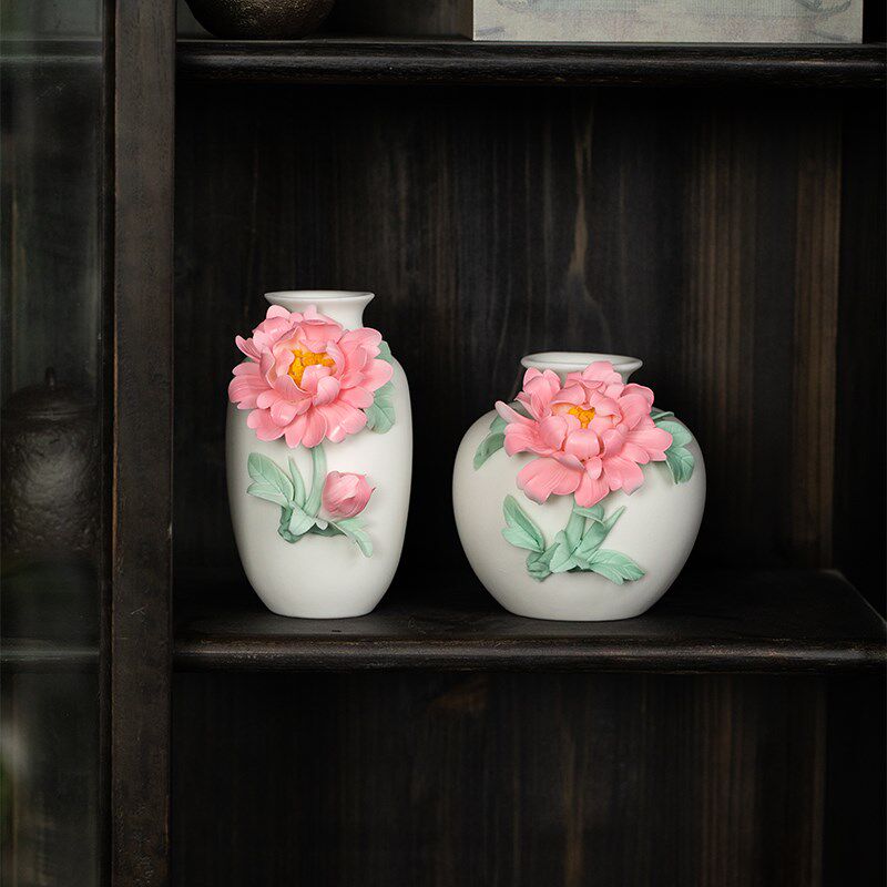 装化白瓷花瓶 手工手饰牡丹花陶瓷中式花器 家居水培花插德捏摆件