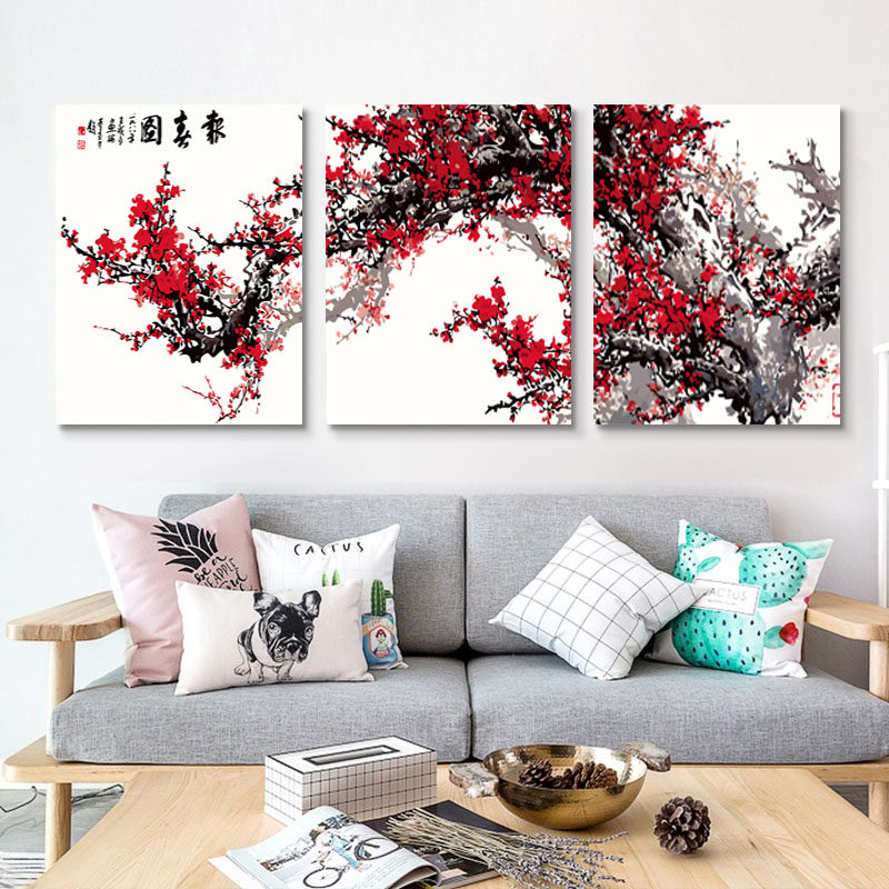 diy数字色画绘手填油三拼油彩画客厅卧室大幅风景花卉三联装饰画