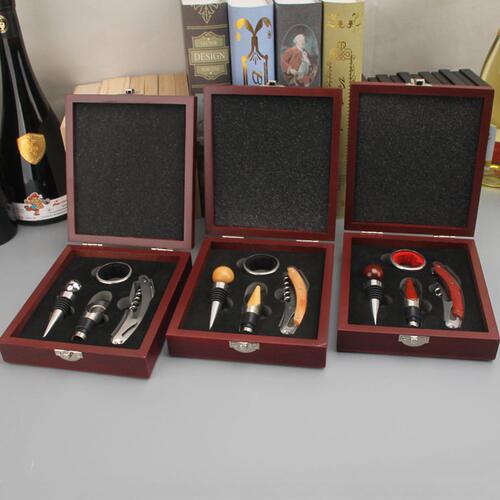 甄选跨境不锈钢红酒开器礼品四件套葡萄酒酒具酒塞起子启仿红木盒