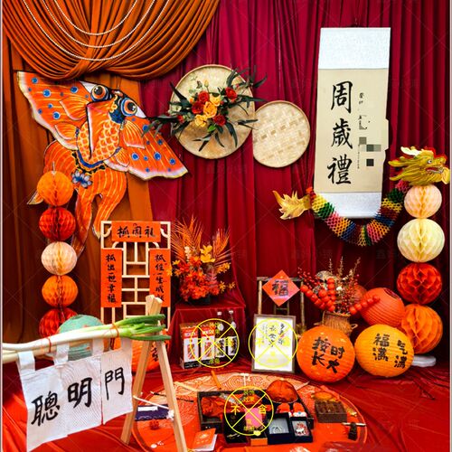 箕中式宝宝周件礼抓周道具用品套装竹编簸新摆岁布置背景墙装饰