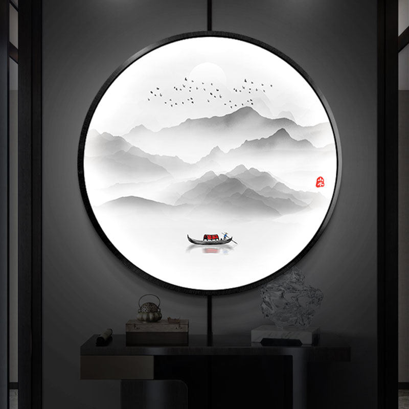 通体全面发光带灯装饰画新中式客厅入户玄关挂画圆形LED灯箱壁画
