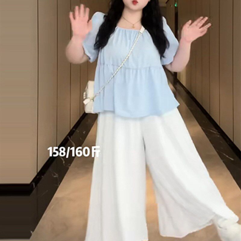 白色飘逸雪纺阔腿裤女夏季大码高腰宽松显瘦A字长裙休闲大摆裙裤