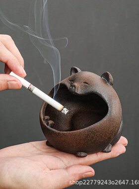甄选创意烟灰缸复古粗陶陶瓷卡通公室客厅个性潮流时尚防风防飞灰