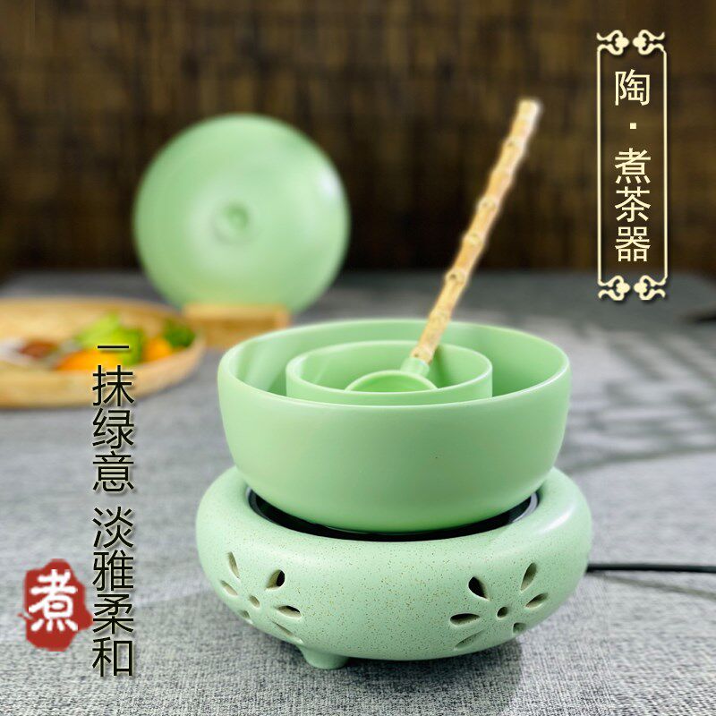 友悦苑陶用电瓷炉豆青釉煮茶器五朵金花煮茶壶分茶器复古家陶茶具
