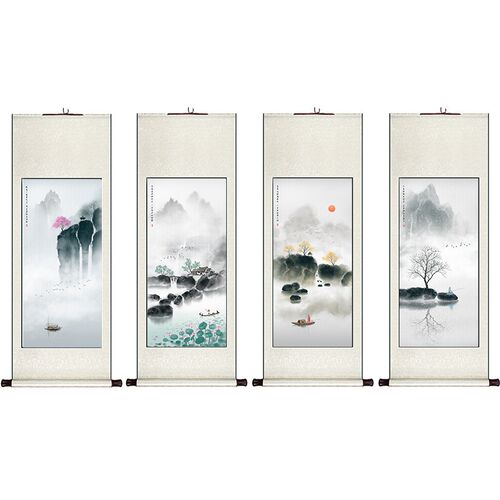 新中式卷轴挂画竖版禅意客厅装饰画餐厅书房春夏秋冬水墨山水画