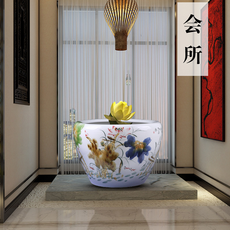 景德镇陶瓷鱼缸摆件青花瓷乌龟缸睡莲缸客厅酒店办公室装饰品摆设